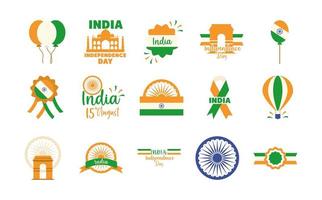 felice giorno dell'indipendenza india celebrazione della libertà nazionale icone impostate stile piatto vettore