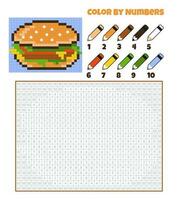 colore di numeri. formazione scolastica gioco per bambini. hamburger, veloce cibo, Hamburger. colorazione libro con numerato piazze. pixel arte. grafico compito per bambini. vettore