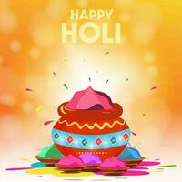 contento holi indiano colore Festival saluti con bokeh effetto. colorato blu, rosa e verde holi polvere pentola. vettore