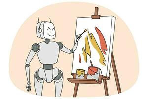 robot pittura su lavagna. futuristico robotica assistente scrittura o disegno su flip chart. nuovo moderno tecnologie, ai concetto. vettore illustrazione.