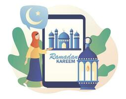 Ramadan kareem - testo su smartphone schermo. santo mese, lanterna per pregare a notte e moschea. minuscolo donna salutare su eid mubarak vacanza. musulmano festa. moderno piatto cartone animato stile. vettore illustrazione