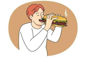 Affamato uomo mangiare grande hamburger. eccitato maschio godere gustoso fresco Hamburger nel ristorante. veloce cibo concetto. vettore illustrazione.