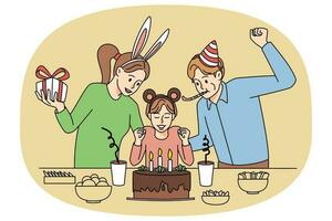 contento genitori e bambino soffio candele su compleanno torta. sorridente famiglia con ragazzo celebrare anniversario insieme. piatto vettore illustrazione.