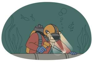 tuffatore nel uniforme subacqueo riparazione tubo. uomo nel protettivo Ingranaggio fissaggio tubo Linee sotto acqua. piatto vettore illustrazione.