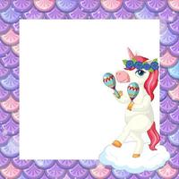 modello di cornice di squame di pesce viola pastello bianco con simpatico personaggio dei cartoni animati di unicorno vettore