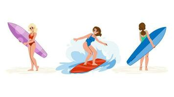 mare donna fare surf spiaggia vettore
