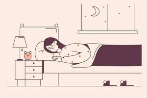 dormire disturbo, insonnia concetto. giovane stanco triste insonne donna dire bugie nel letto con smartphone e sofferenza a partire dal insonnia provando per autunno addormentato a notte vettore illustrazione