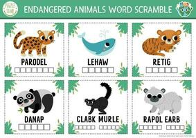 vettore estinto animali parola corsa attività pagina. inglese linguaggio gioco con balena, leopardo, panda per bambini. ecologico consapevolezza quiz veloce carte. educativo stampabile foglio di lavoro