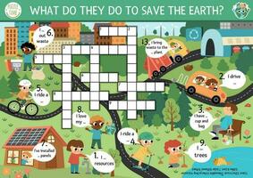 vettore ecologico cruciverba puzzle per bambini. terra giorno quiz con eco città paesaggio per bambini. eco consapevolezza educativo attività. carino attraversare parola con ambiente amichevole scena