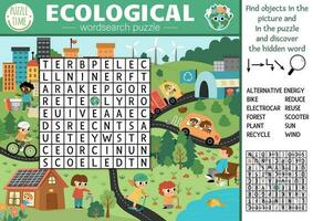 vettore ecologico ricerca di parole puzzle per bambini. terra giorno parola ricerca quiz con eco città paesaggio. eco consapevolezza educativo attività. attraversare parola con ambiente amichevole scena