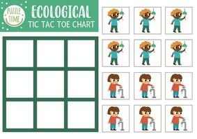 vettore ecologico tic tac dito del piede grafico con carino bambini Salvataggio acqua e elettricità. eco consapevolezza tavola gioco giocando campo. divertente terra giorno stampabile foglio di lavoro. zero e croci griglia