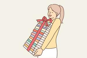 ragazza con libri con regalo arco gioisce a opportunità per guadagno conoscenza e leggere nuovo letteratura. contento scolara con regalo libri per preparare per ammissione per città Università o Università vettore