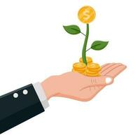investimento crescita. uomo d'affari investitore mano Tenere i soldi fiore pianta a partire dal mucchio di monete. vettore illustrazione