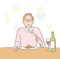 un uomo ha un'espressione deliziosa mentre mangia cibo in un ristorante. illustrazioni di disegno vettoriale stile disegnato a mano.