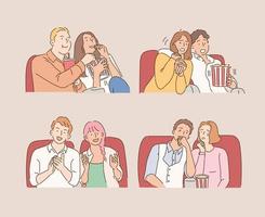 diverse coppie stanno guardando un film al cinema e facendo varie espressioni. illustrazioni di disegno vettoriale stile disegnato a mano.