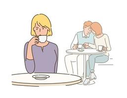 una donna sta bevendo il caffè con un'espressione arrabbiata e dietro di lei c'è una coppia affettuosa. illustrazioni di disegno vettoriale stile disegnato a mano.