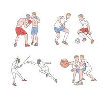 giocano giocatori di boxe, calcio, scherma e basket. illustrazioni di disegno vettoriale stile disegnato a mano.