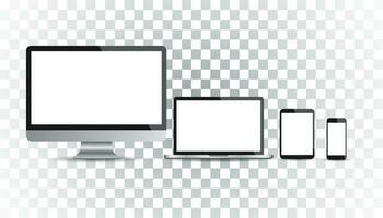 realistico dispositivo piatto icone smartphone, tavoletta, il computer portatile e del desktop computer. vettore illustrazione