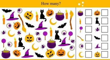 Come molti Halloween elementi. educativo gioco per bambini. autunno vettore illustrazione