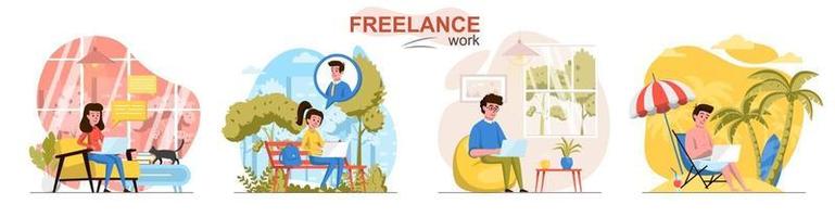 set di scene di concetto di design piatto di lavoro freelance vettore