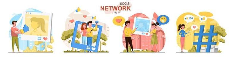 set di scene di concetto di design piatto di social network vettore