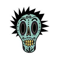 divertente zucchero cranio vettore icona. festivo maschera di un' messicano punk con mohawk e oro denti. schizzo per il giorno di il morto, dia de muertos. isolato cartone animato clipart, freddo adolescente testa. per manifesti, Stampa