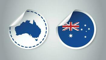 Australia etichetta con bandiera e carta geografica. etichetta, il giro etichetta con nazione. vettore illustrazione su grigio sfondo.