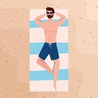 vista aerea, uomo sdraiato ad abbronzarsi in spiaggia, stagione delle vacanze estive vettore
