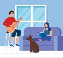 coppia in soggiorno, donna che legge un libro con un uomo che suona la chitarra vettore