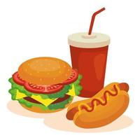 fast food, grande hamburger con hot dog e bevanda in bottiglia vettore