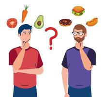 uomini che scelgono tra cibo sano e malsano, fast food vs menu equilibrato vettore