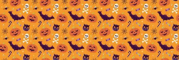 Halloween vettore senza soluzione di continuità modello design con zucca, pipistrello, gatto e cranio