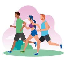 uomini e donne che corrono nel paesaggio, persone in abbigliamento sportivo che fanno jogging, persone atleta, persone sportive vettore