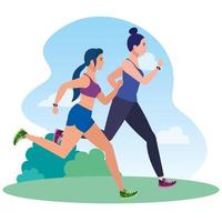 donne che corrono nel paesaggio, donne in abbigliamento sportivo che fanno jogging, atleta femminile, persone sportive vettore