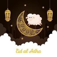 celebrazione del festival della comunità musulmana eid al adha, carta con pecora sacrificale e luna su sfondo notturno nuvoloso vettore