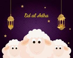 celebrazione del festival della comunità musulmana eid al adha, carta con pecore sacrificali e lanterne dorate appese vettore