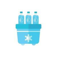 portatile frigo frigorifero con acqua bottiglia icona nel piatto stile. congelatore Borsa contenitore vettore illustrazione su bianca isolato sfondo. frigo e bibita bevanda attività commerciale concetto.