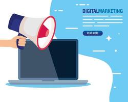 marketing online digitale per marketing aziendale e social media, content marketing, laptop e mano con megafono vettore