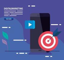 marketing digitale online per il marketing aziendale e dei social media, il marketing dei contenuti, lo smartphone con il simbolo del target e del gioco vettore