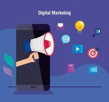 marketing digitale online per il marketing aziendale e dei social media, smartphone con megafono e lampadina e icone di marketing vettore