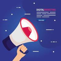 marketing online digitale per marketing aziendale e social media, content marketing, mano con megafono vettore