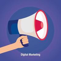 marketing online digitale per marketing aziendale e social media, content marketing, mano con megafono vettore