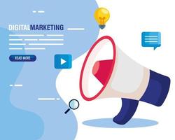 marketing online digitale per il marketing aziendale e dei social media, megafono e icone di marketing vettore