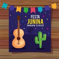 poster di festa junina con chitarra e icone tradizionali vettore