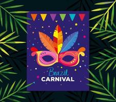 poster del carnevale brasiliano con maschera e foglie tropicali vettore