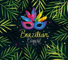 poster del carnevale brasiliano con maschera e foglie tropicali vettore