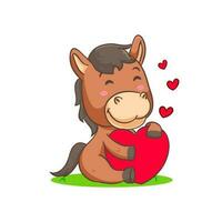 carino Marrone cavallo cartone animato Tenere amore cuore isolato bianca sfondo. adorabile kawaii animale concetto design vettore illustrazione