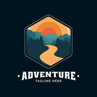 Vintage ▾ moderno avventura logo con montagna Visualizza, fiume e pino alberi. esso è adatto per loghi di avventurieri, natura amanti, montagna scalatori, Marche, e altri. vettore