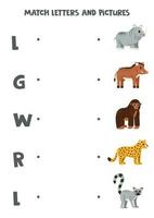 incontro lettere e immagini. logico puzzle per bambini. africano animali. vettore