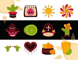 giorno dei morti messicano celebrazione decorazione ornamento icone tradizionali stile piatto flat vettore